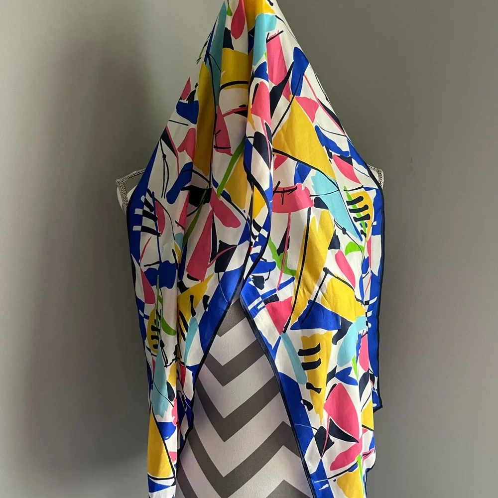 Colorful Abstract Vintage Silk Print Scarf - 52” l x 11” w - Picture 7 of 8